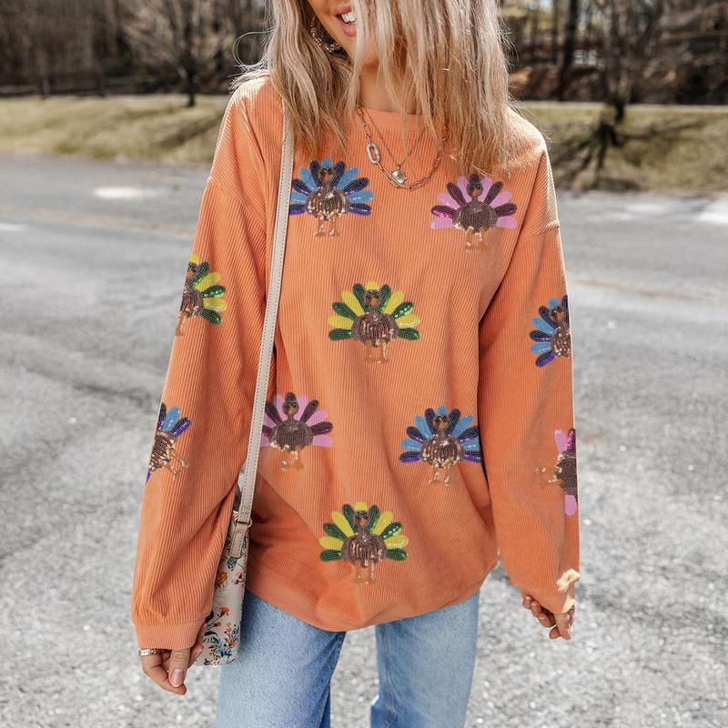 💕Women's Thanksgiving Sweatshirt With Sequin Turkey Graphic Corded Baggy Long Sleeve✨