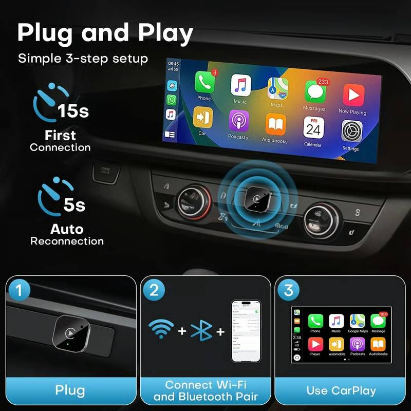 🔥2026 Upgrade 3 in 1 Wireless Carplay Mirror Link Adapter Instant Wired to Wireless Conversion Plug & PlayMini Stable Design for Wired Carplay,AirPlay