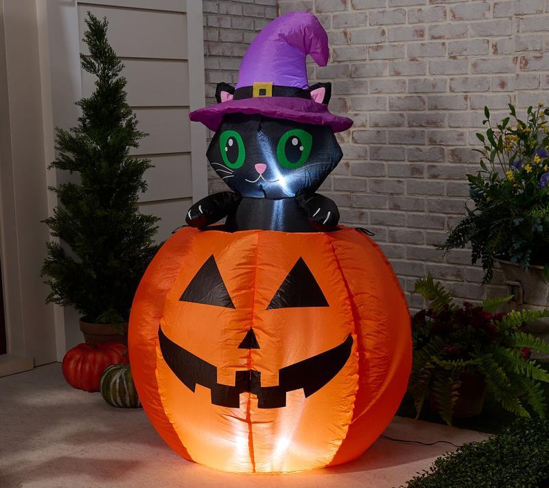 👻Halloween Fast Delivery✈️Hay & Harvest 48" Inflatable Peek-A-Boo Cat Jack-O-Lantern🎃