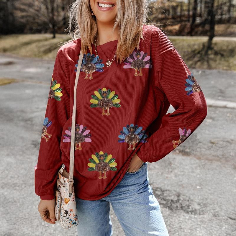 💕Women's Thanksgiving Sweatshirt With Sequin Turkey Graphic Corded Baggy Long Sleeve✨