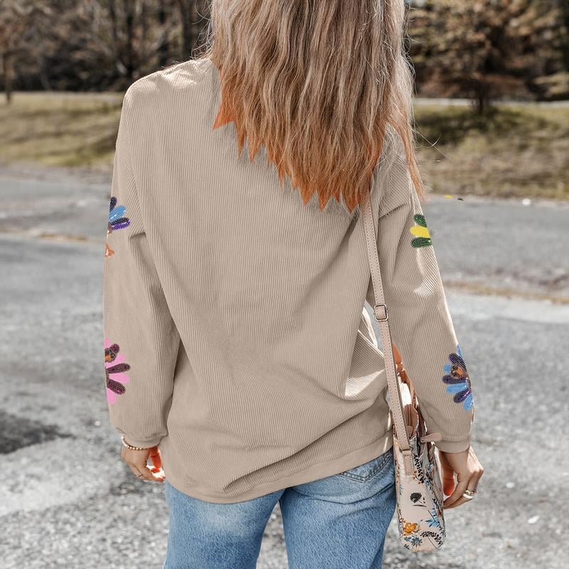 💕Women's Thanksgiving Sweatshirt With Sequin Turkey Graphic Corded Baggy Long Sleeve✨