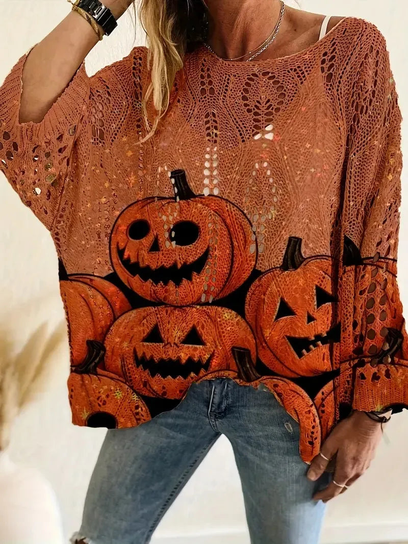 🎃Halloween Hot Sale🔥Halloween Crew Neck Pumpkin Loose Fit Long Sleeve Cutout Sweater