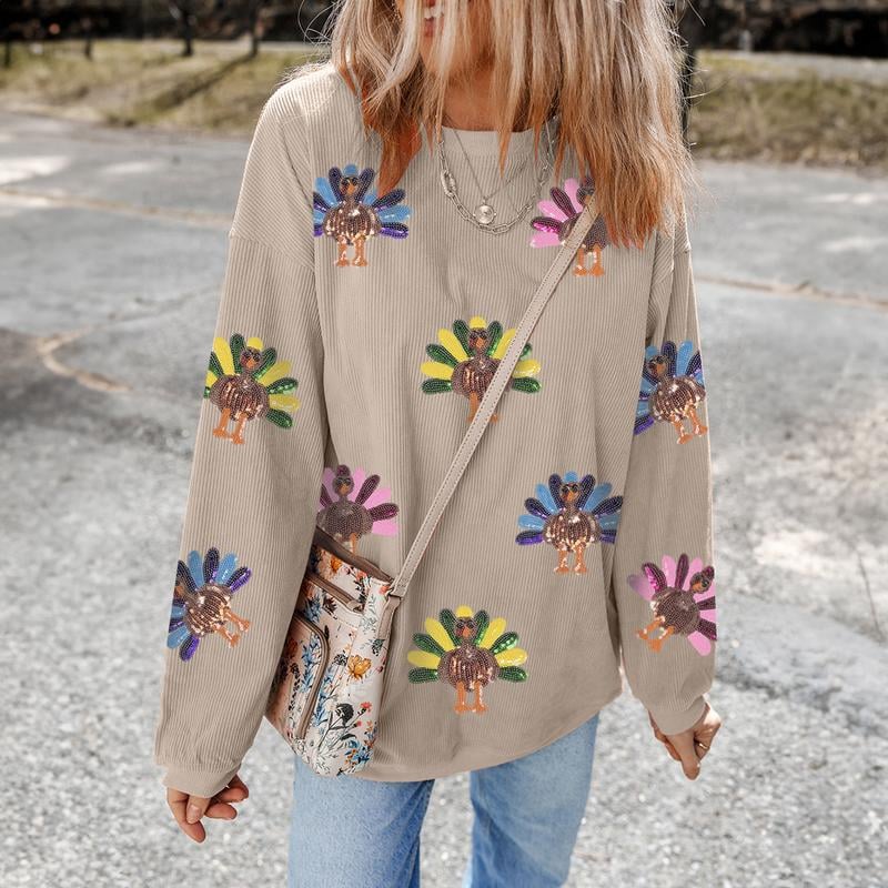 💕Women's Thanksgiving Sweatshirt With Sequin Turkey Graphic Corded Baggy Long Sleeve✨