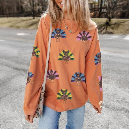 💕Women's Thanksgiving Sweatshirt With Sequin Turkey Graphic Corded Baggy Long Sleeve✨