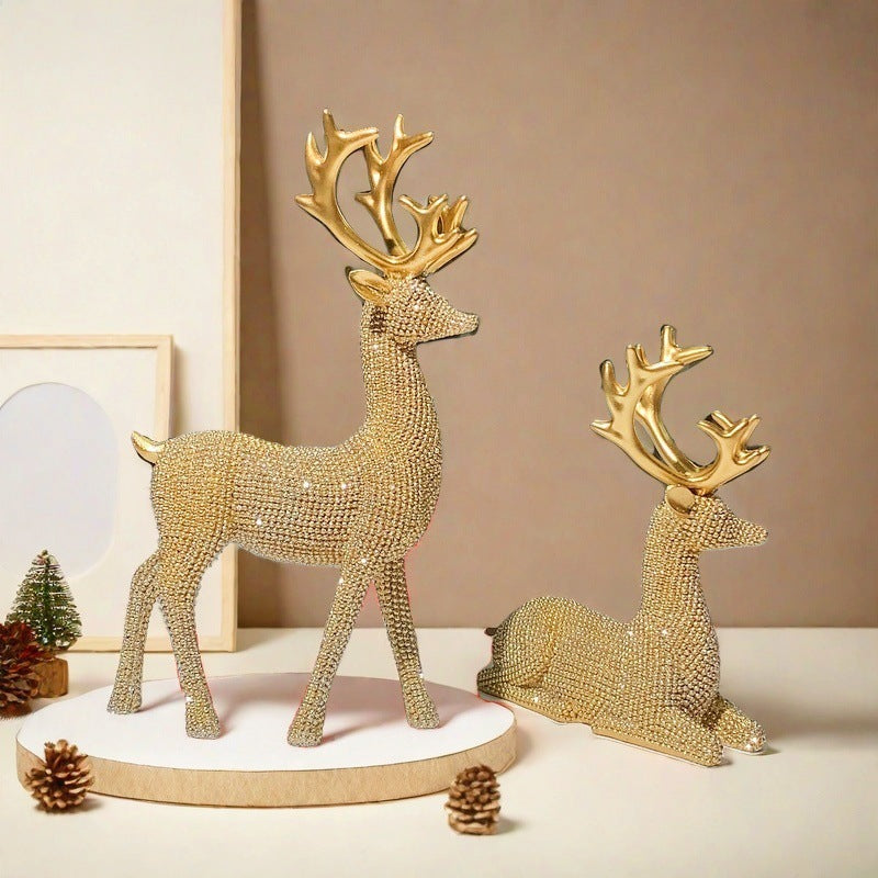 🦌Artistic Deer Statues Set of 2, Silver Color Glitter Details, Chip Carving Sculptures✨