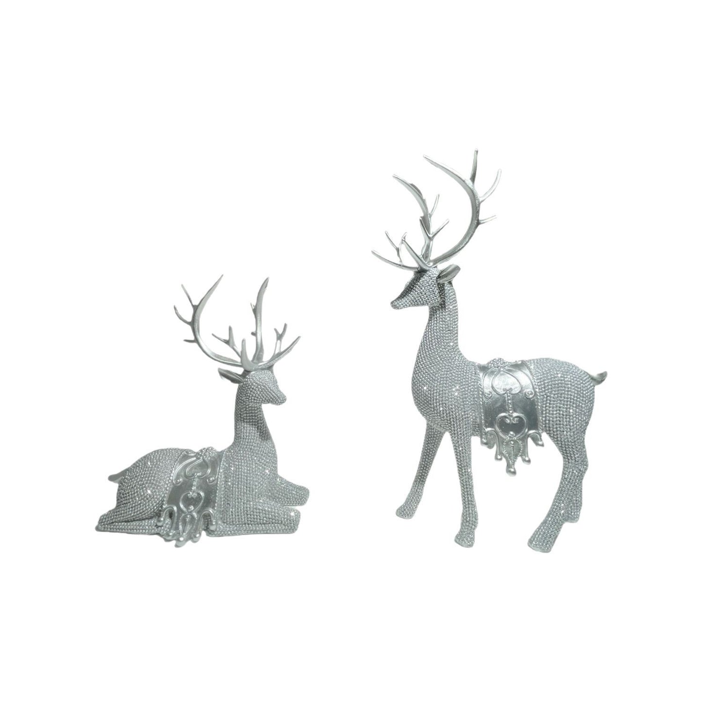 🦌Artistic Deer Statues Set of 2, Silver Color Glitter Details, Chip Carving Sculptures✨