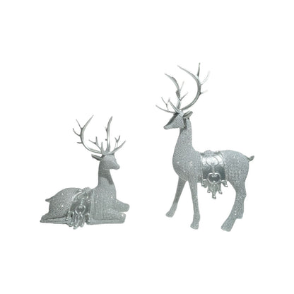 🦌Artistic Deer Statues Set of 2, Silver Color Glitter Details, Chip Carving Sculptures✨
