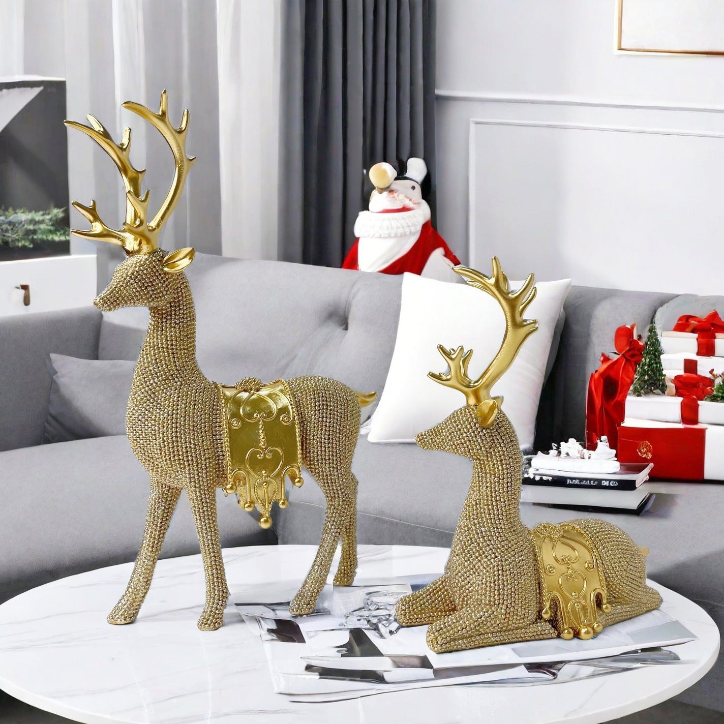 🦌Artistic Deer Statues Set of 2, Silver Color Glitter Details, Chip Carving Sculptures✨