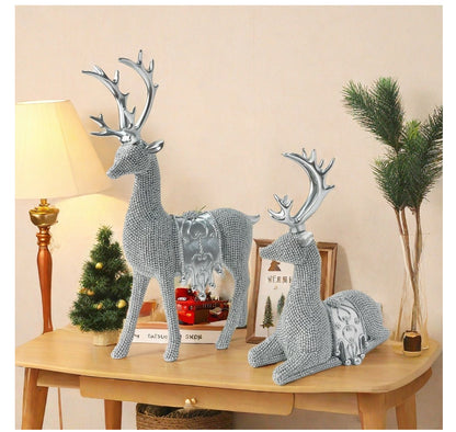 🦌Artistic Deer Statues Set of 2, Silver Color Glitter Details, Chip Carving Sculptures✨