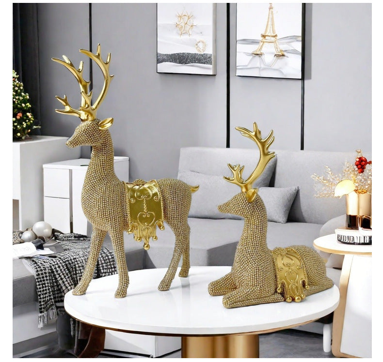 🦌Artistic Deer Statues Set of 2, Silver Color Glitter Details, Chip Carving Sculptures✨