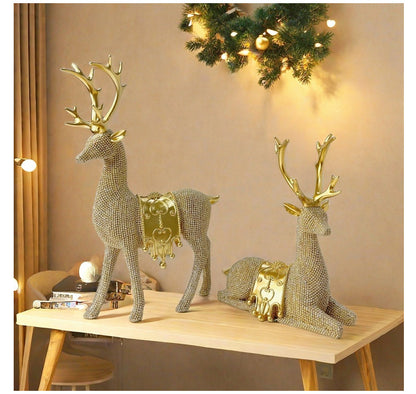 🦌Artistic Deer Statues Set of 2, Silver Color Glitter Details, Chip Carving Sculptures✨
