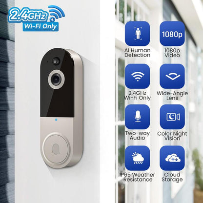 🔥Limited Time 50% OFF🔥-Smart Wireless Video Camera Doorbell with Chime-2.4G WiFi AI Human Detection Camera Doorbell with Two-way Audio Intercom