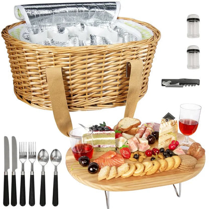 🔥Limited Time 50% OFF🔥Hap tim insulated wicker picnic basket with foldable wine table and tableware service set
