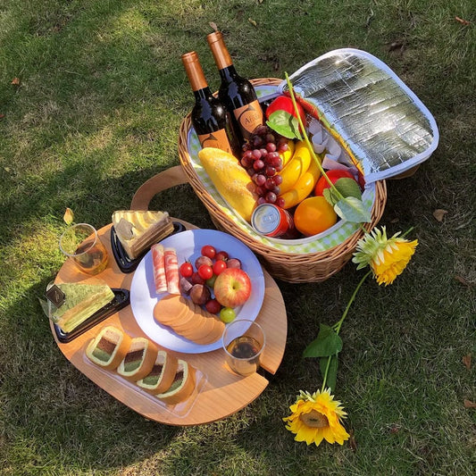 🔥Limited Time 50% OFF🔥Hap tim insulated wicker picnic basket with foldable wine table and tableware service set