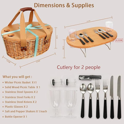🔥Limited Time 50% OFF🔥Hap tim insulated wicker picnic basket with foldable wine table and tableware service set