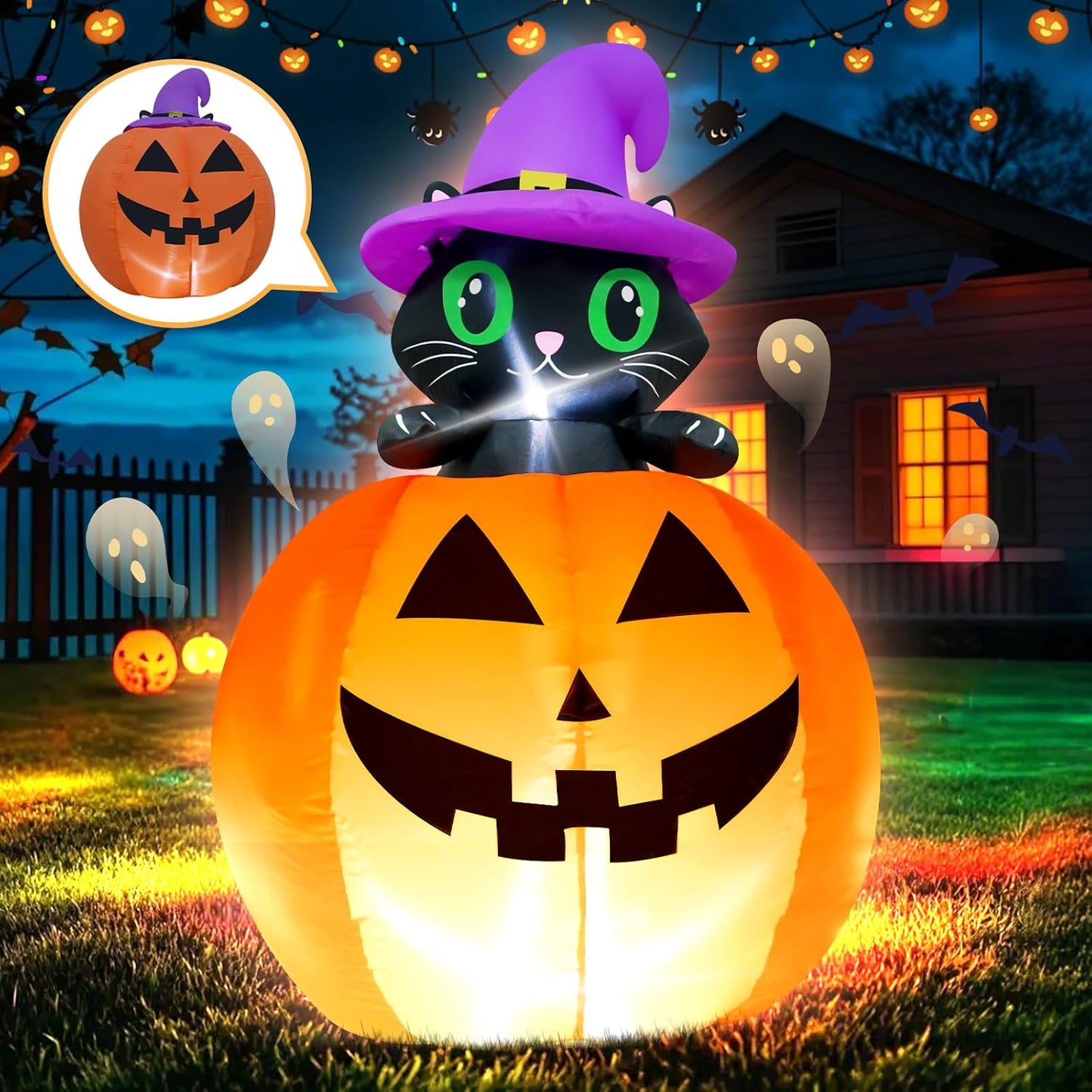 👻Halloween Fast Delivery✈️Hay & Harvest 48" Inflatable Peek-A-Boo Cat Jack-O-Lantern🎃