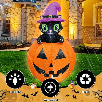 👻Halloween Fast Delivery✈️Hay & Harvest 48" Inflatable Peek-A-Boo Cat Jack-O-Lantern🎃