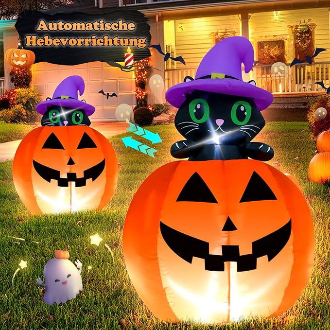 👻Halloween Fast Delivery✈️Hay & Harvest 48" Inflatable Peek-A-Boo Cat Jack-O-Lantern🎃