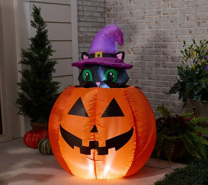 👻Halloween Fast Delivery✈️Hay & Harvest 48" Inflatable Peek-A-Boo Cat Jack-O-Lantern🎃