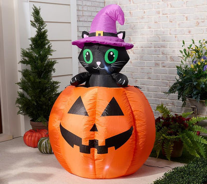 👻Halloween Fast Delivery✈️Hay & Harvest 48" Inflatable Peek-A-Boo Cat Jack-O-Lantern🎃