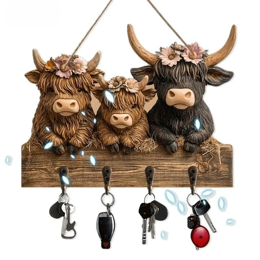Rustic Highland Cow Wooden Ornament 🐮 | 9.8"x7.48" Hanging Decor with 3 Hooks | Easter/Christmas Gift for Animal Lovers 🌿