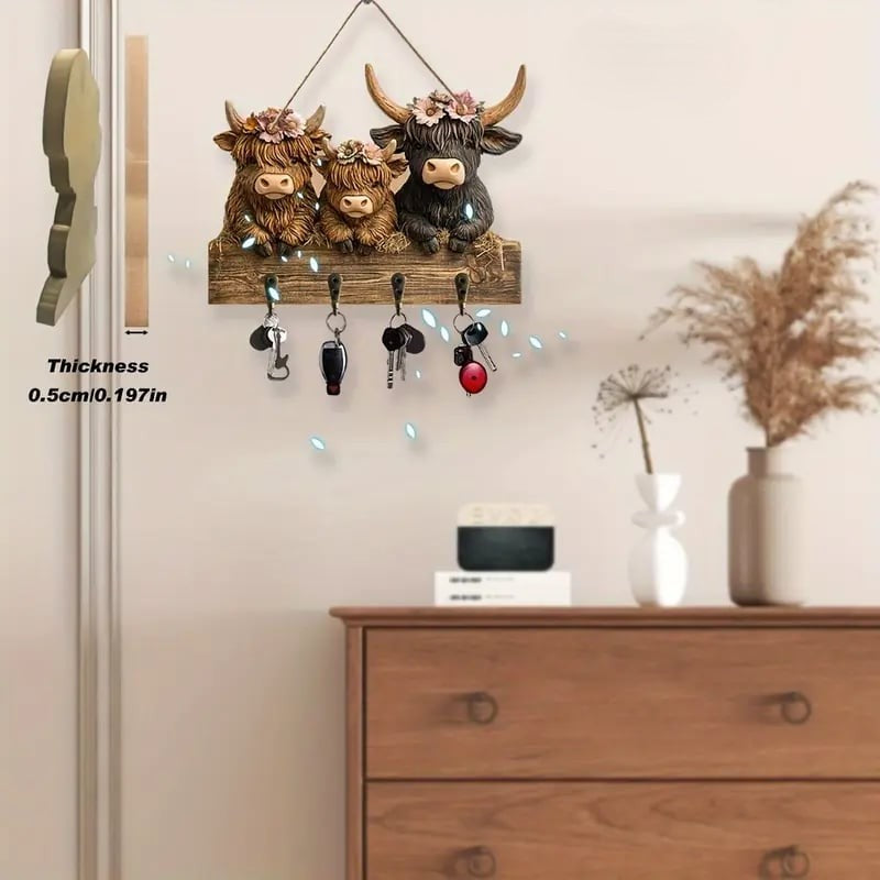 Rustic Highland Cow Wooden Ornament 🐮 | 9.8"x7.48" Hanging Decor with 3 Hooks | Easter/Christmas Gift for Animal Lovers 🌿