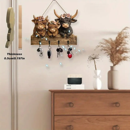 Rustic Highland Cow Wooden Ornament 🐮 | 9.8"x7.48" Hanging Decor with 3 Hooks | Easter/Christmas Gift for Animal Lovers 🌿