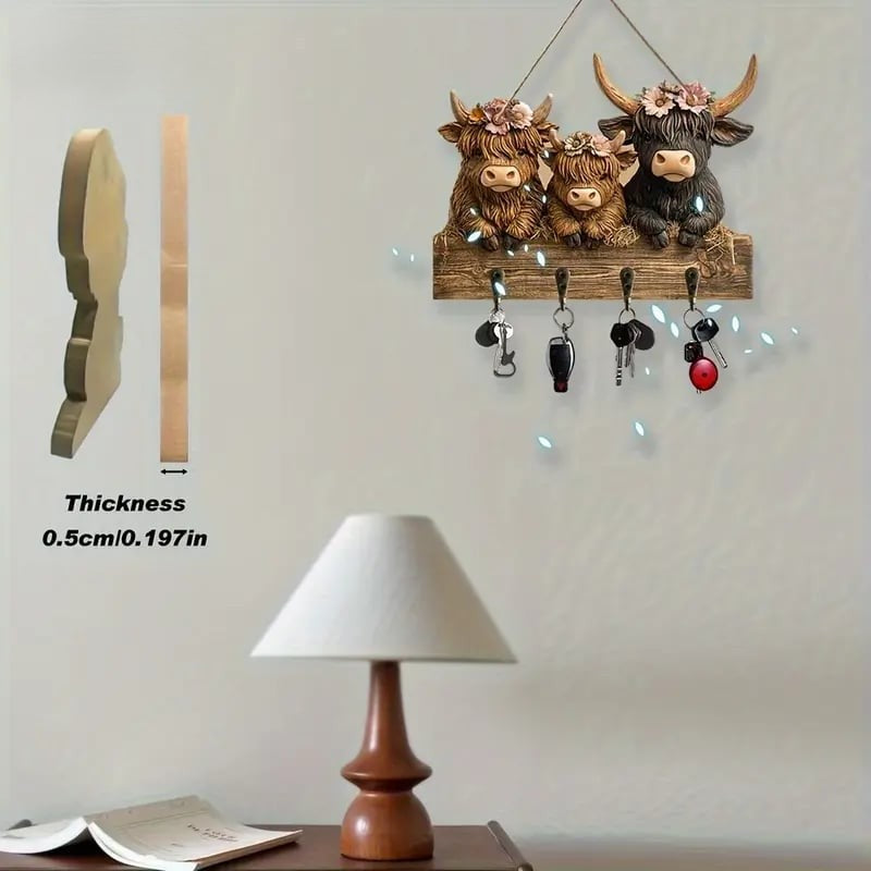 Rustic Highland Cow Wooden Ornament 🐮 | 9.8"x7.48" Hanging Decor with 3 Hooks | Easter/Christmas Gift for Animal Lovers 🌿