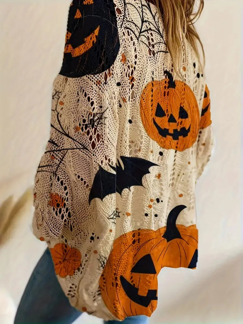 🎃Halloween Hot Sale🔥Halloween Crew Neck Pumpkin Loose Fit Long Sleeve Cutout Sweater