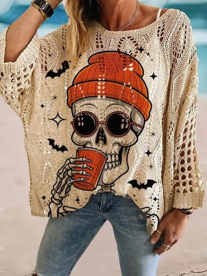 🎃Halloween Hot Sale🔥Halloween Crew Neck Pumpkin Loose Fit Long Sleeve Cutout Sweater