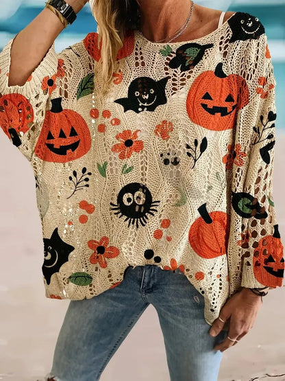 🎃Halloween Hot Sale🔥Halloween Crew Neck Pumpkin Loose Fit Long Sleeve Cutout Sweater