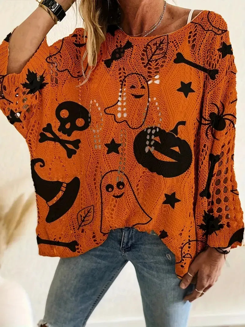 🎃Halloween Hot Sale🔥Halloween Crew Neck Pumpkin Loose Fit Long Sleeve Cutout Sweater