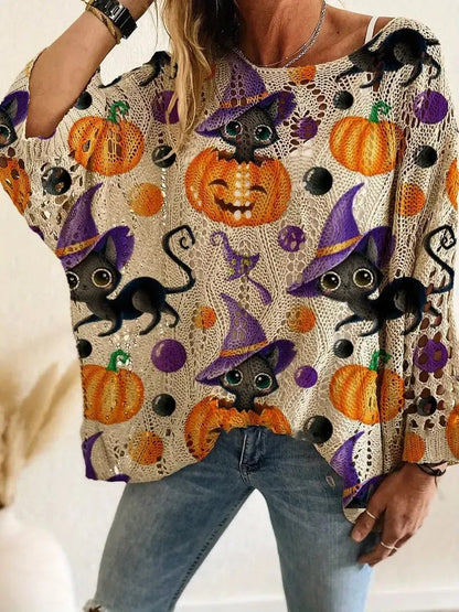 🎃Halloween Hot Sale🔥Halloween Crew Neck Pumpkin Loose Fit Long Sleeve Cutout Sweater