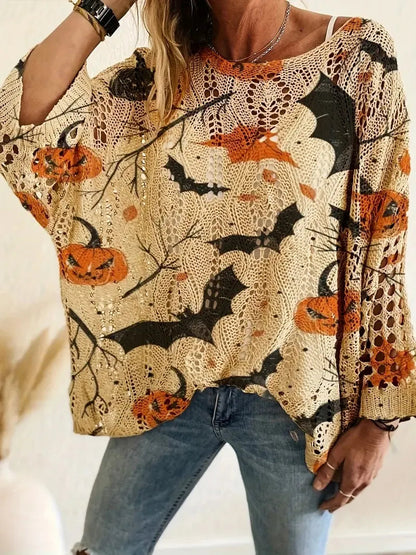 🎃Halloween Hot Sale🔥Halloween Crew Neck Pumpkin Loose Fit Long Sleeve Cutout Sweater